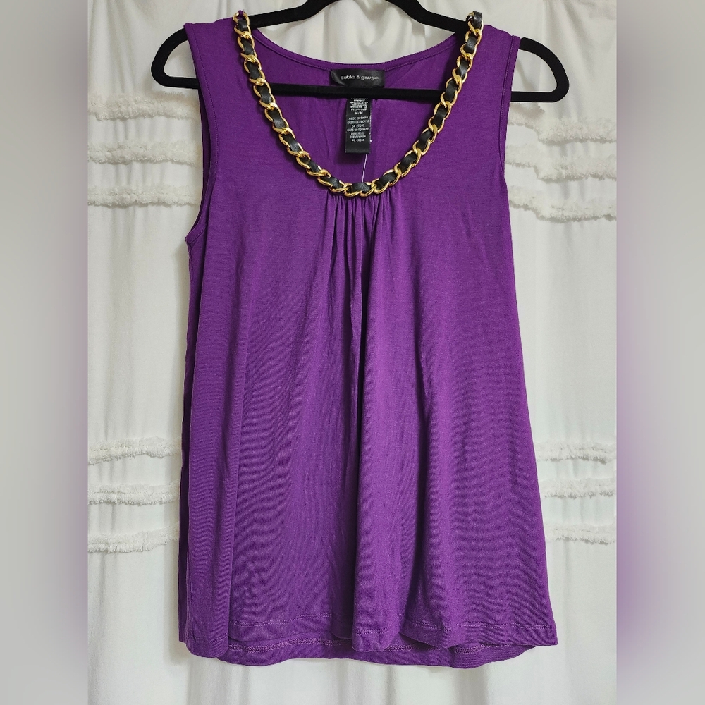 Cable and Gauge NWT Purple Tank Top with Faux Leather & Gold Chain Accent.
